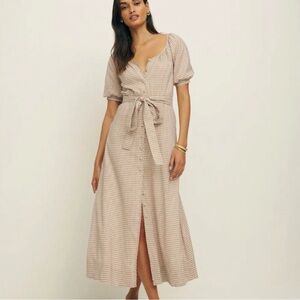 Reformation NWT Roland Dress Anzo Check Tan White Gingham Maxi Puff Sleeves: XL